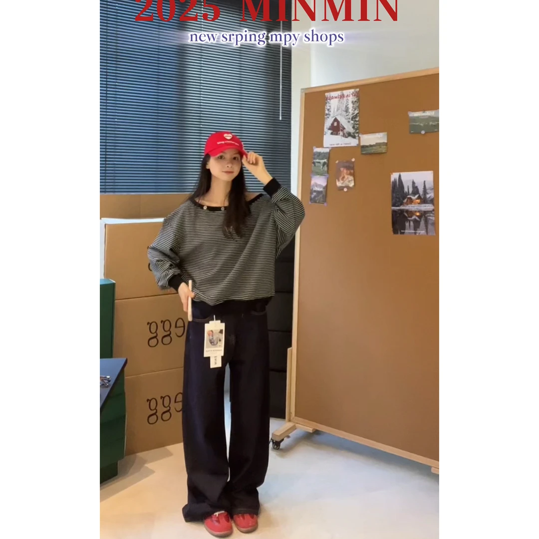 【人手一条原牛！】Aadro*复古丹宁撞线设计后口袋宽松牛仔裤～