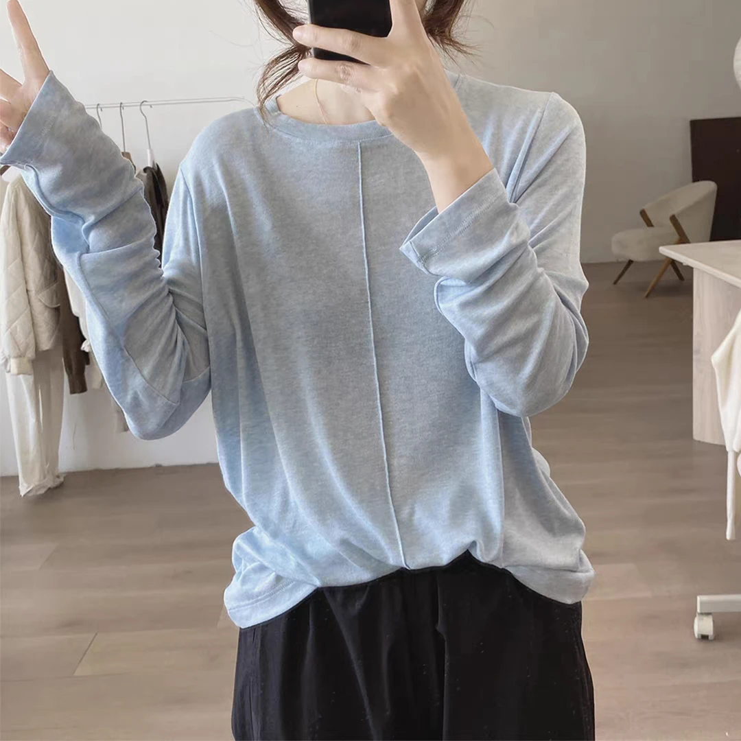 蓝色薄款长袖T恤女2025新款早秋宽松纯色体恤打底衫洋气内搭上衣