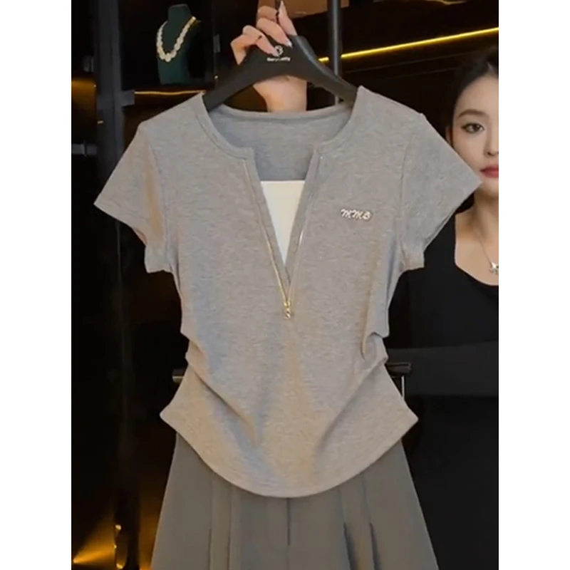 高级拉链假两件烫钻短袖T恤女夏季新款设计感捏褶收腰V领别致上衣