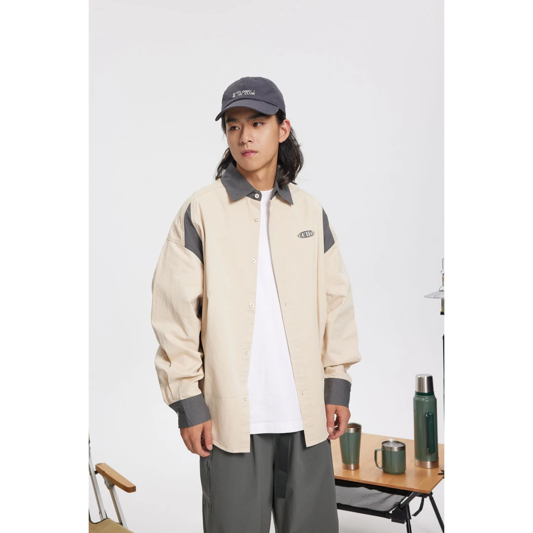 OW3205春秋潮牌日系简约情侣百搭学院风拼色水洗翻领长袖衬衫