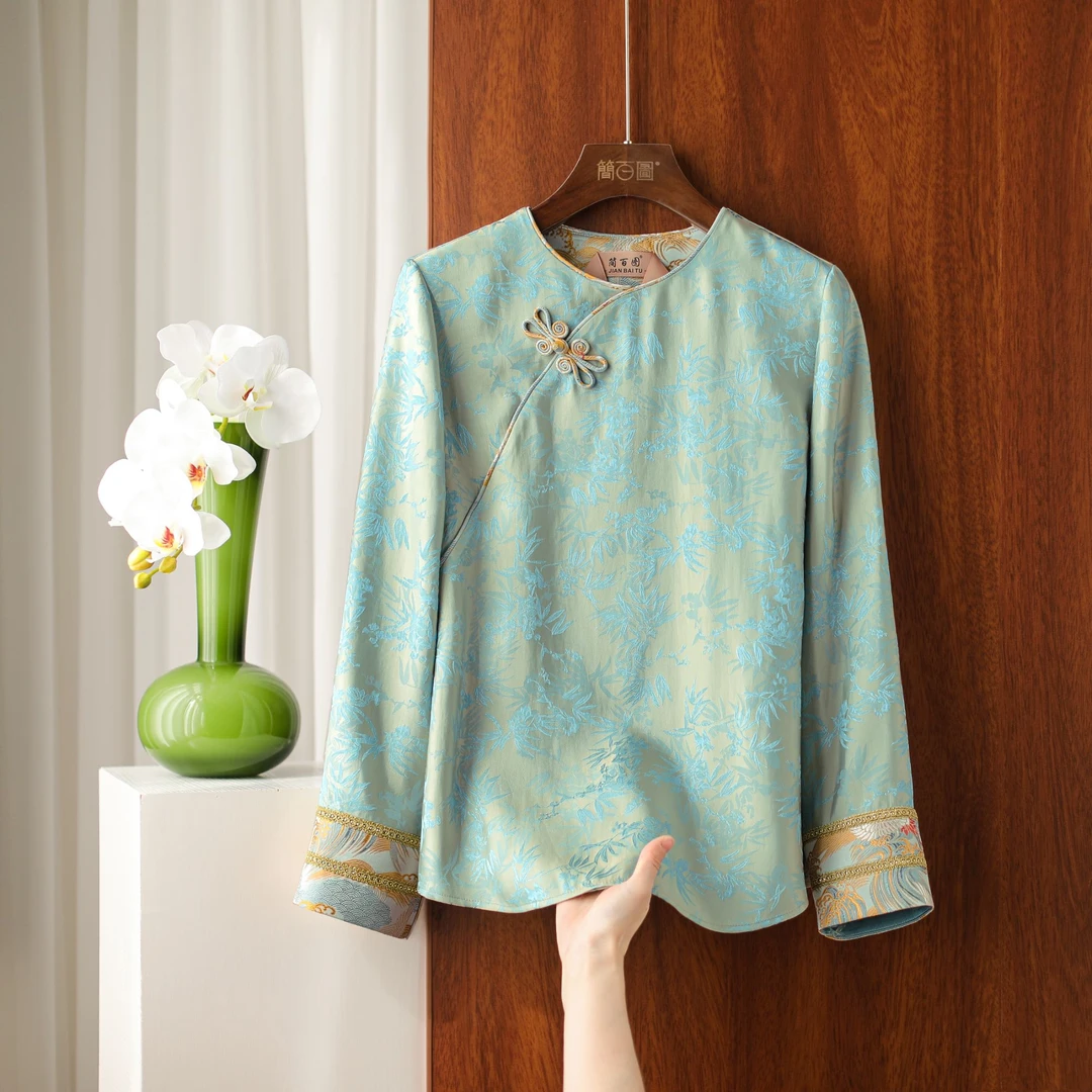 2025春夏新款新中式刺绣提花上衣鎏金织带圆领气质提花缎面衬衫