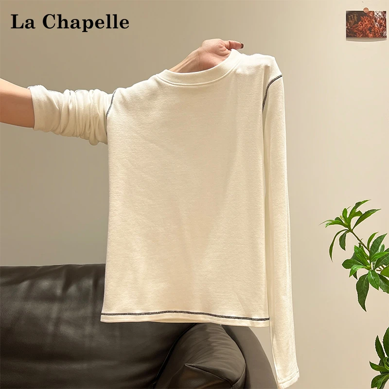 拉夏贝尔设计感白色圆领长袖内搭女秋冬高级感修身显瘦打底衫上衣