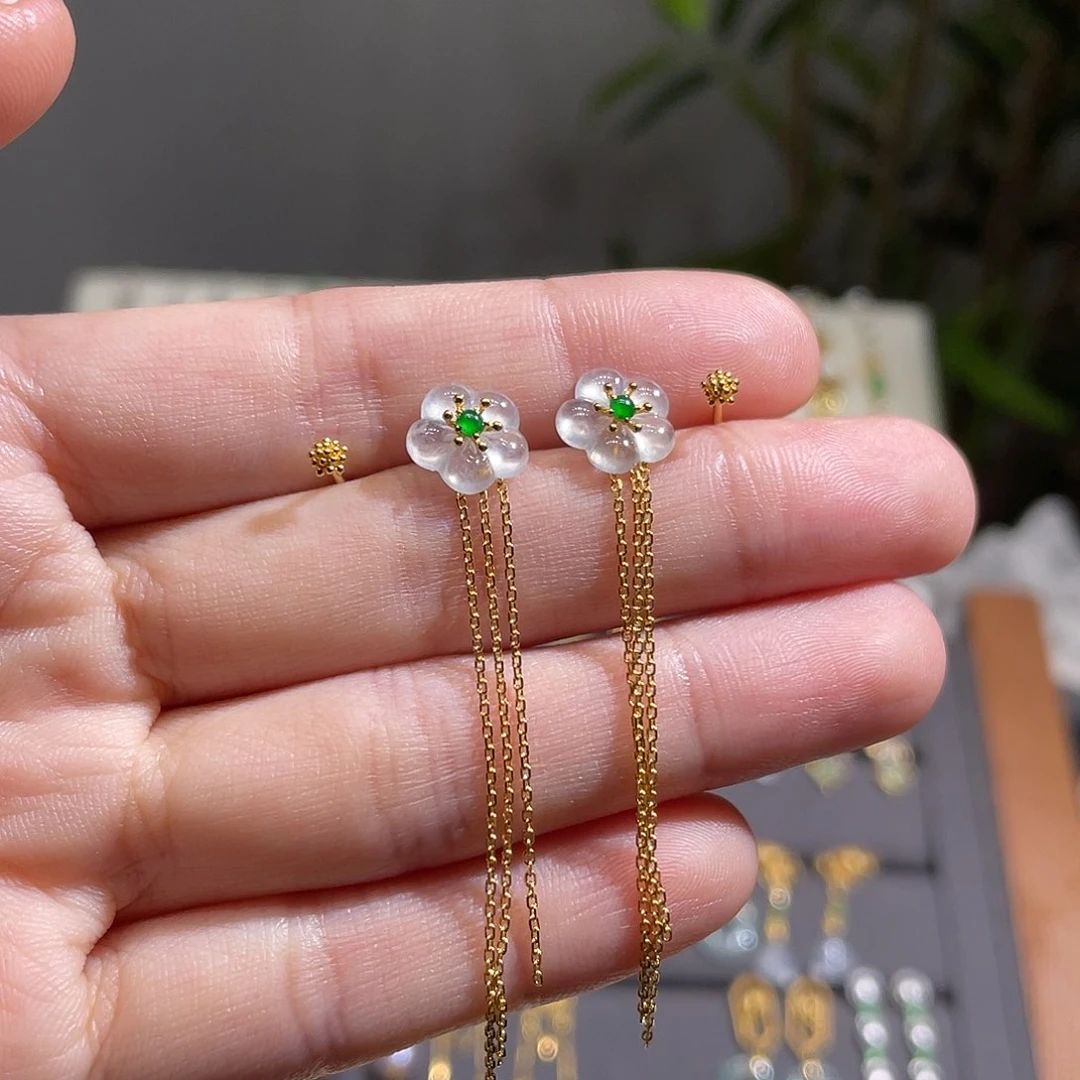 翡翠耳饰18K金镶嵌冰花花 多戴款