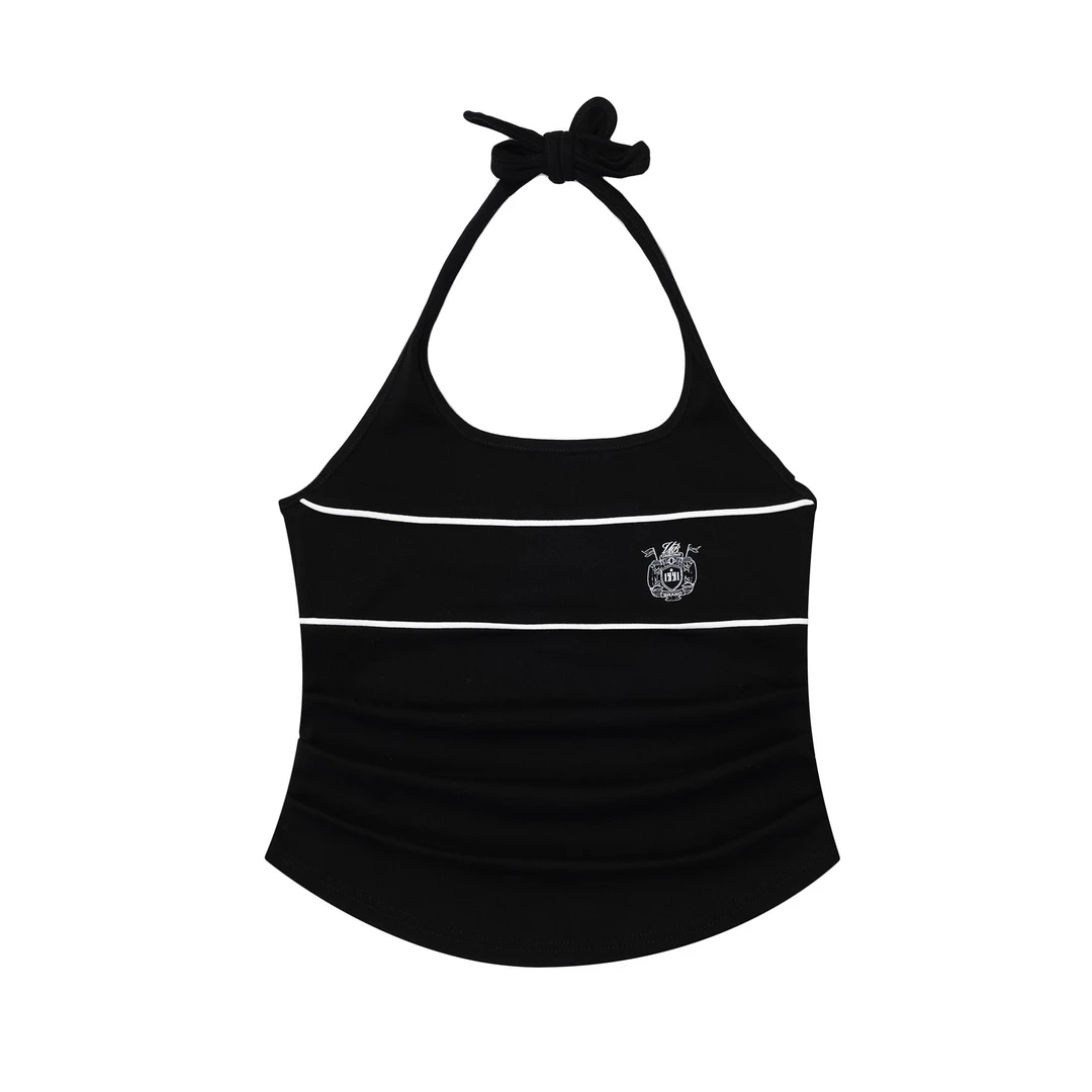 美式系带挂脖徽章吊带背心女修身显瘦内搭上衣