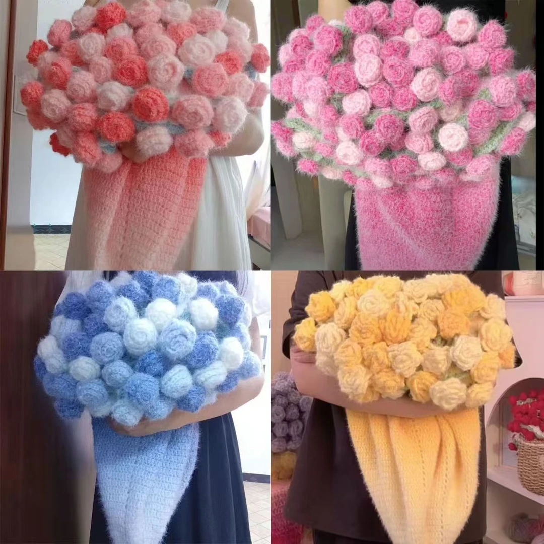 渐变绒毛毛线玫瑰花束毯子手工编织毯子七星花束毯针织花束多巴胺