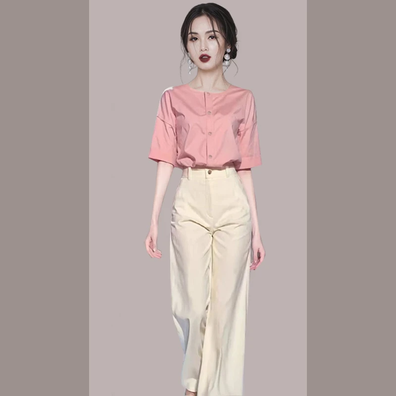 小香风高级感两件套装女夏季2025新款粉色衬衫盐系穿搭裤子一整套