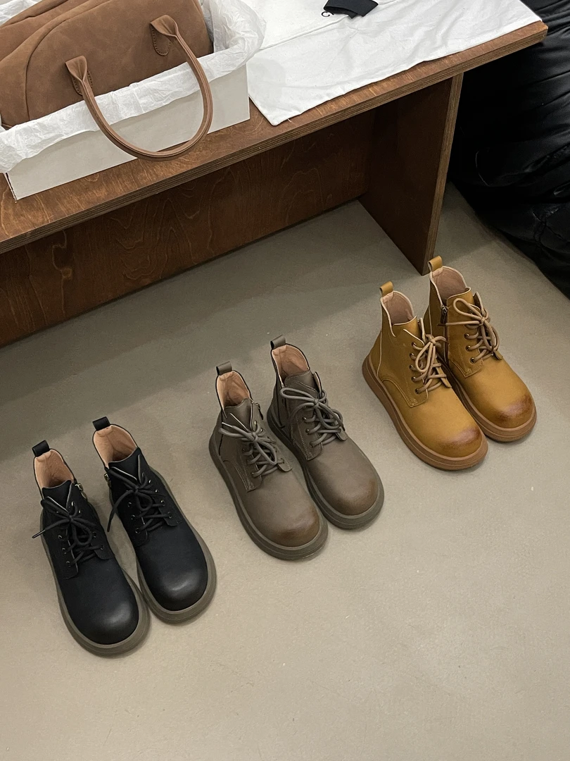 8338-2 做旧复古英伦风厚底马丁靴小个子欧美百搭系带工装大黄靴