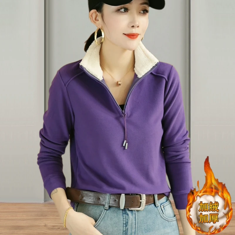 小众休闲衣服2024德绒保暖长袖时尚休闲立领宽松半拉链女士上衣女