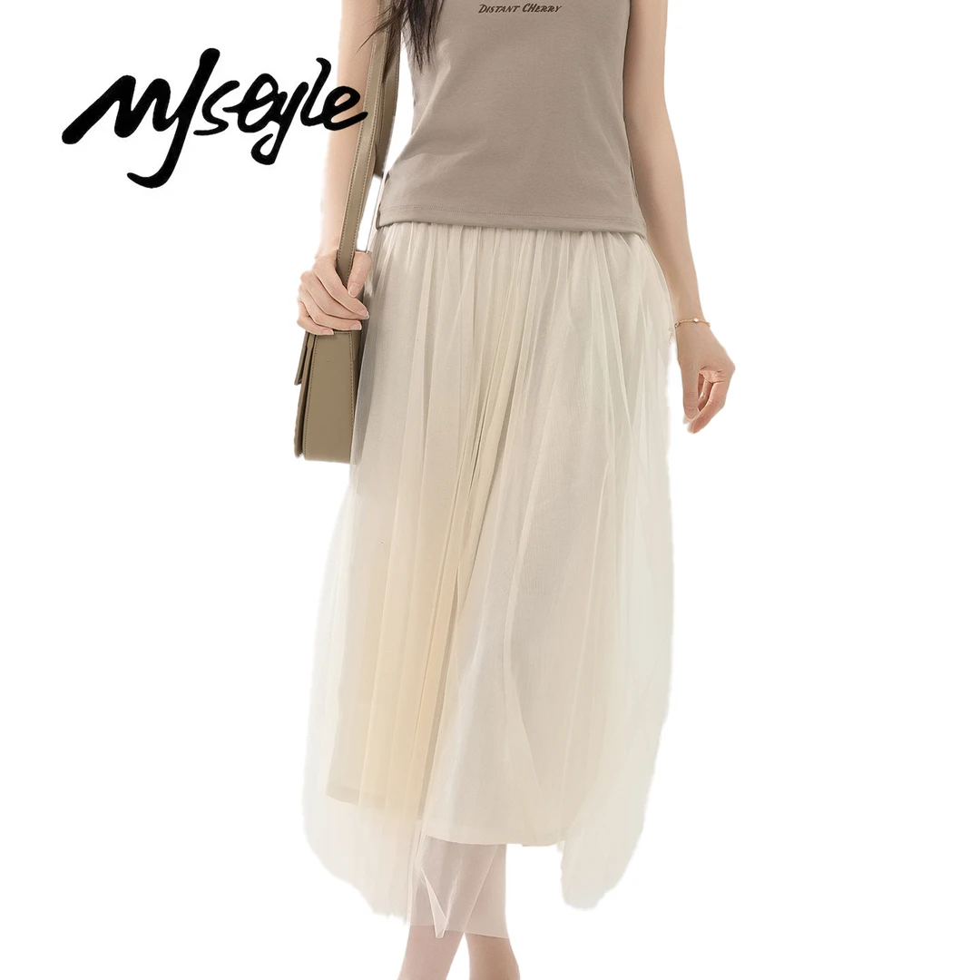 夏季法式温柔高腰网纱夏季半身裙女A字垂感显瘦遮夸大摆纯色百搭