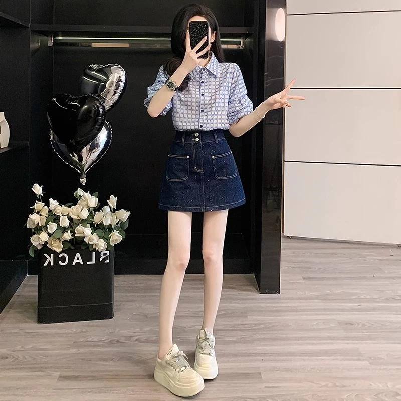 女装夏装套装2025新款爆款气质显瘦格子短袖衬衫牛仔短裙两件套潮