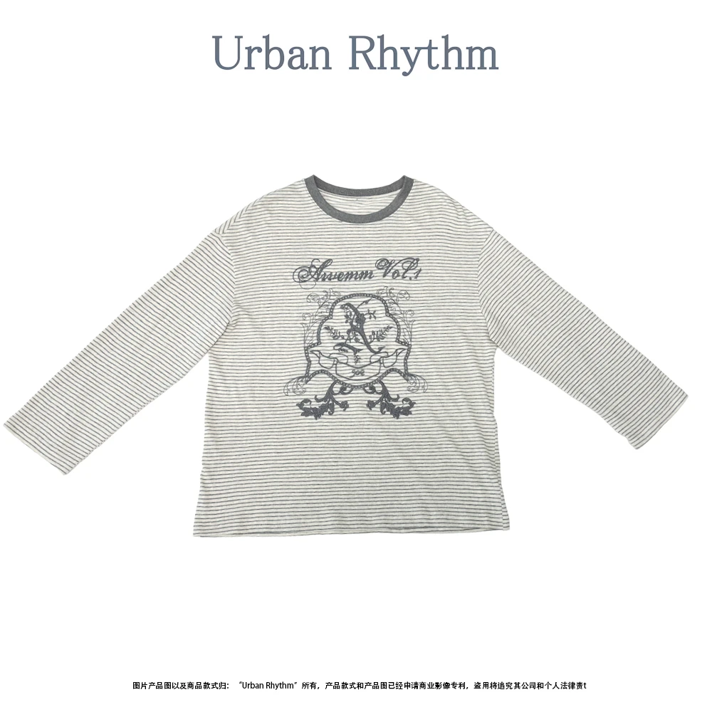 Urban rhythm2025年秋季新款条纹棉刺绣T恤休闲套头圆领长袖百搭