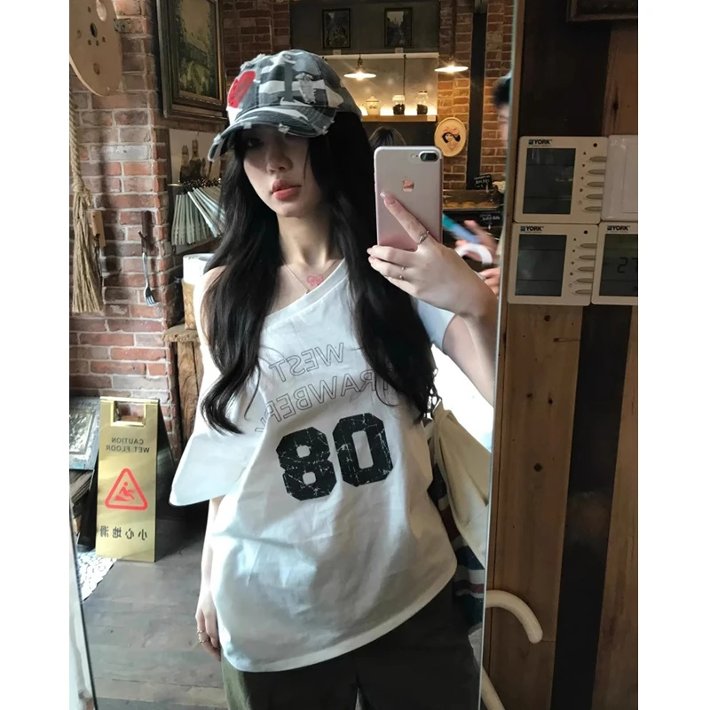 Two Million/甜辣妹斜肩短袖T恤女小众设计感露肩数字印花上衣