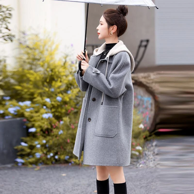【万达撤柜】学院风连帽双面大衣女2025年冬季新款加厚洋气休闲中长