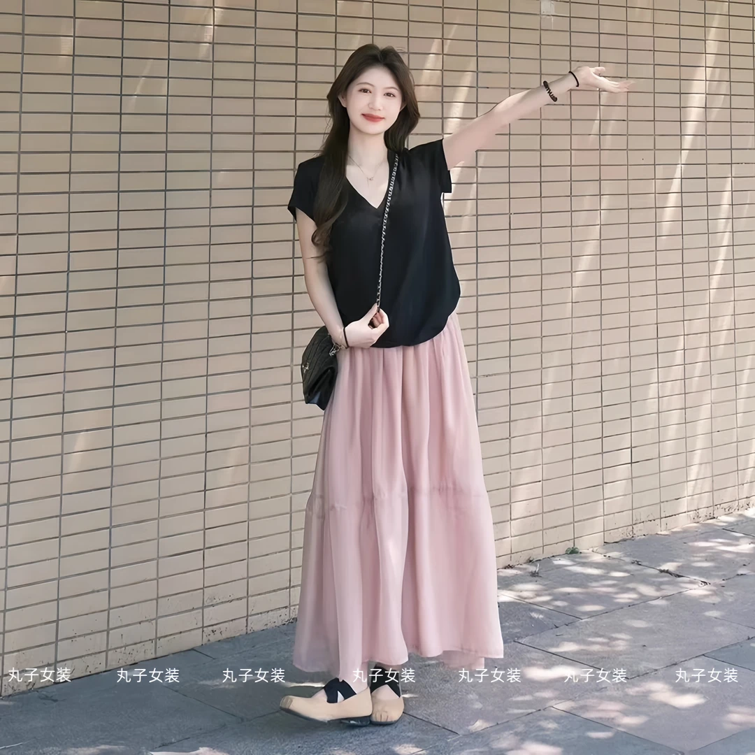 女装夏装套装2025新款爆款宽松v领短袖T恤上衣显瘦半身裙a字伞裙