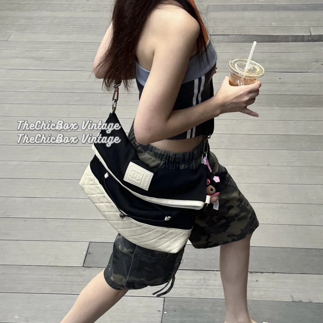 95新 Chanel/香奈儿 只盒/Vintage 编织拼皮超帅运动方标斜挎包