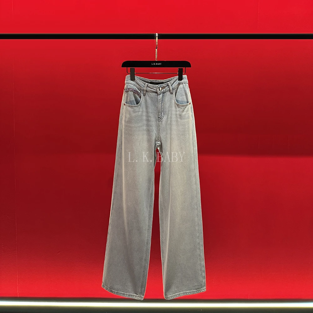 【L.K.BABY】巴黎海岸  时尚复古重工镶钻水洗浅色阔腿牛仔裤