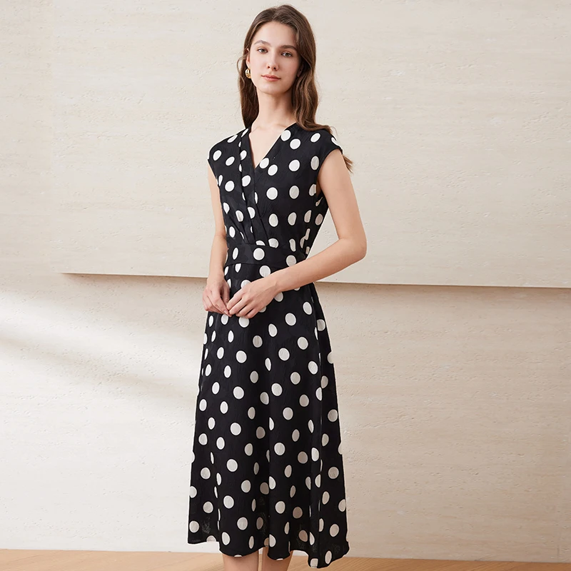 EITIE爱特爱复古撞色波点V领收腰显瘦连衣裙2025夏季新款B2507624