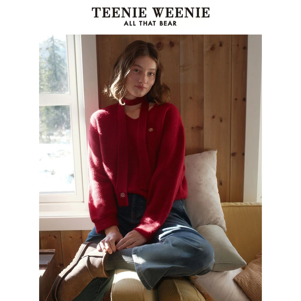 TeenieWeenie小熊24冬新款气质挂脖宽松慵懒针织毛衣TTKW244C04P