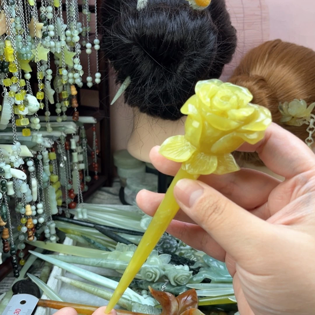 蛇纹石玉发饰未镶嵌长度17厘米左右