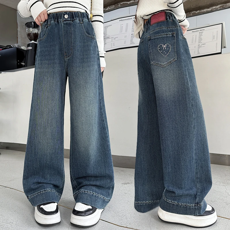 中大女童牛仔阔腿裤秋季新款6-12岁儿童洋气显瘦百搭春秋直筒裤潮