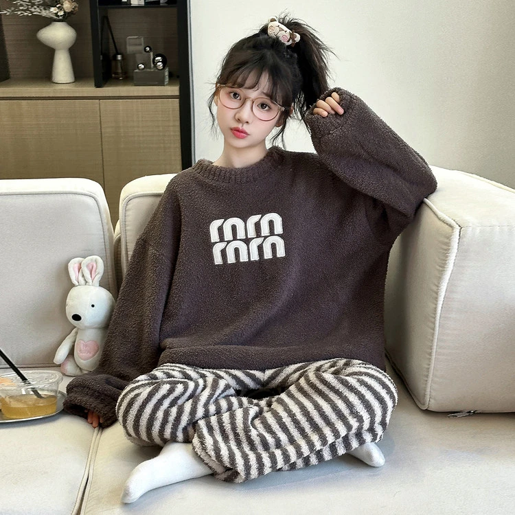 女童珊瑚绒家居服秋冬2025新款儿童半边绒睡衣冬季女大童保暖套装