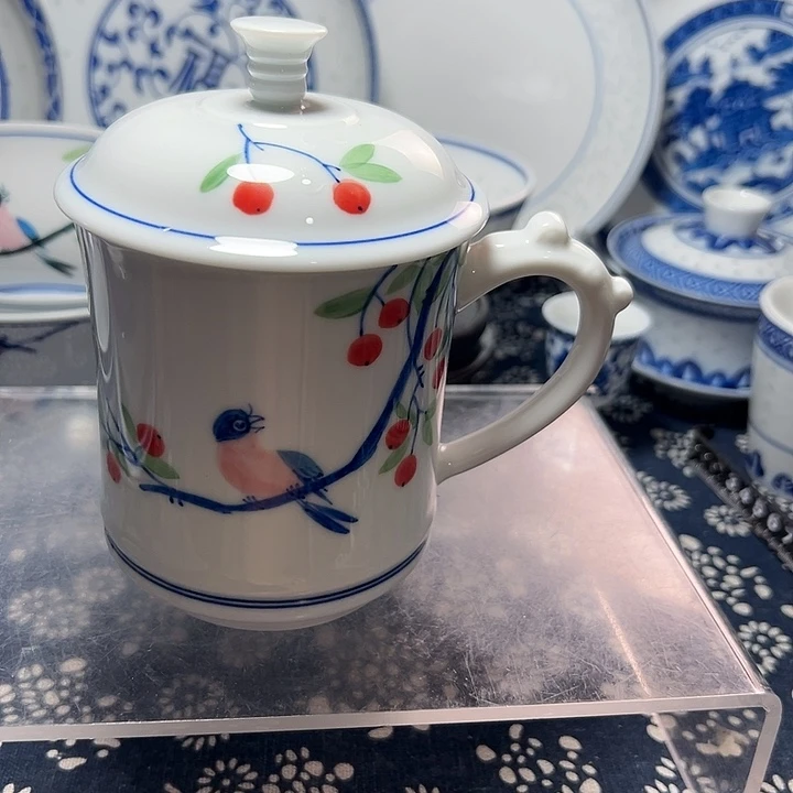 秋***喜青花花鸟办公杯一个