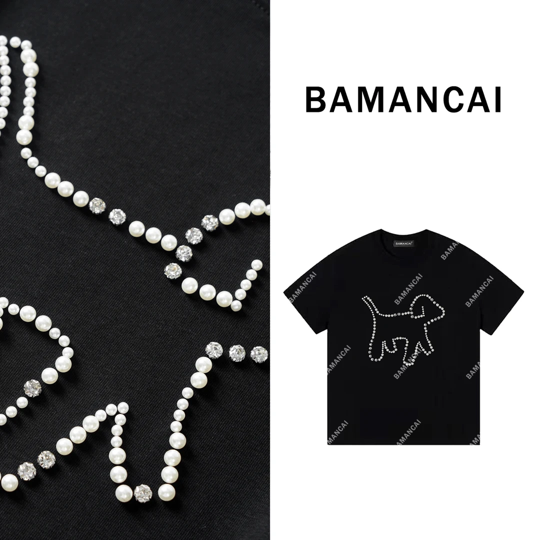 Bamancai-设计感「珍珠小狗」短袖美式夏季圆领显瘦百搭t恤上衣女