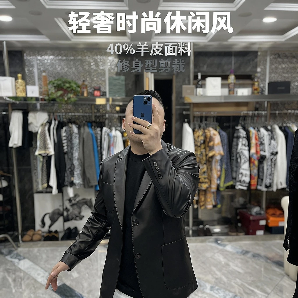 SH轻奢时尚高端男士修身珠针休闲真皮西服外套23029