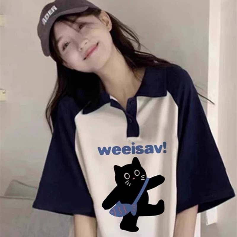 纯棉polo衫短袖t恤女童夏季少女中学生小众韩版宽松上衣服卡通潮