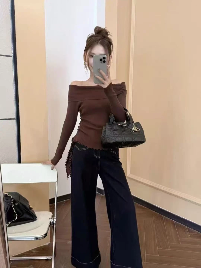 韩系一字领露肩波浪边系绳收腰温柔风长袖针织衫女士甜美上衣