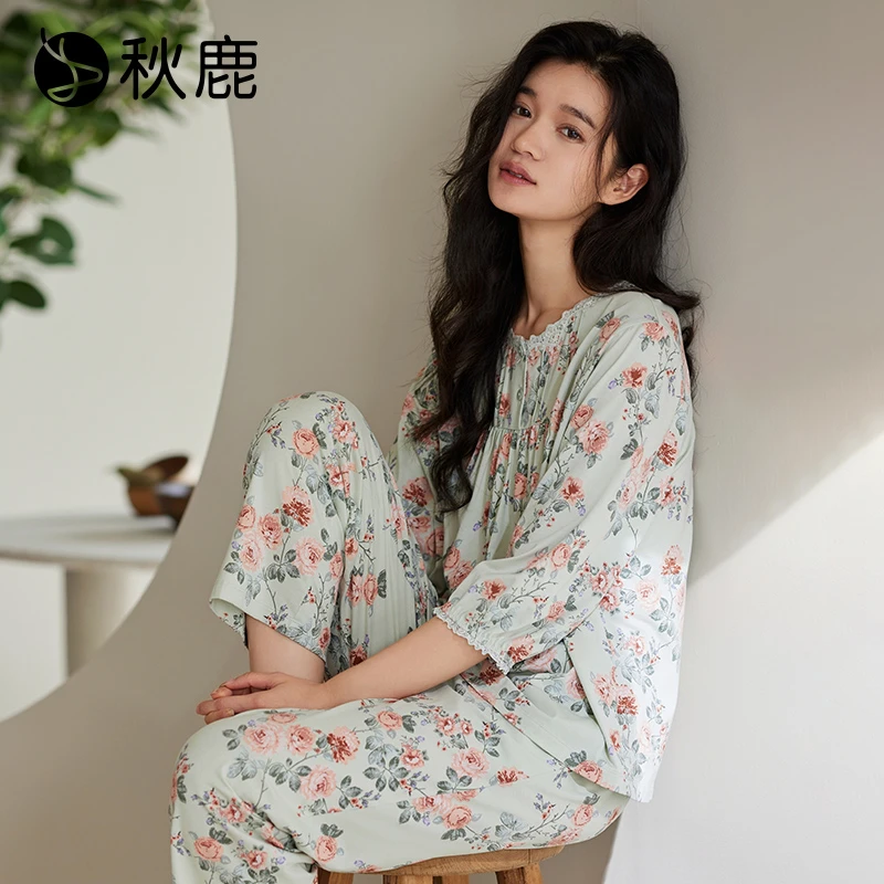 秋鹿柔软莫代尔棉睡衣女士春夏法式碎花蕾丝花边七分袖家居服套装