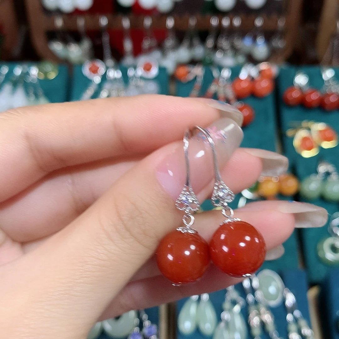 玛瑙/玉髓耳饰银S925镶嵌天然红玛瑙12mm左右