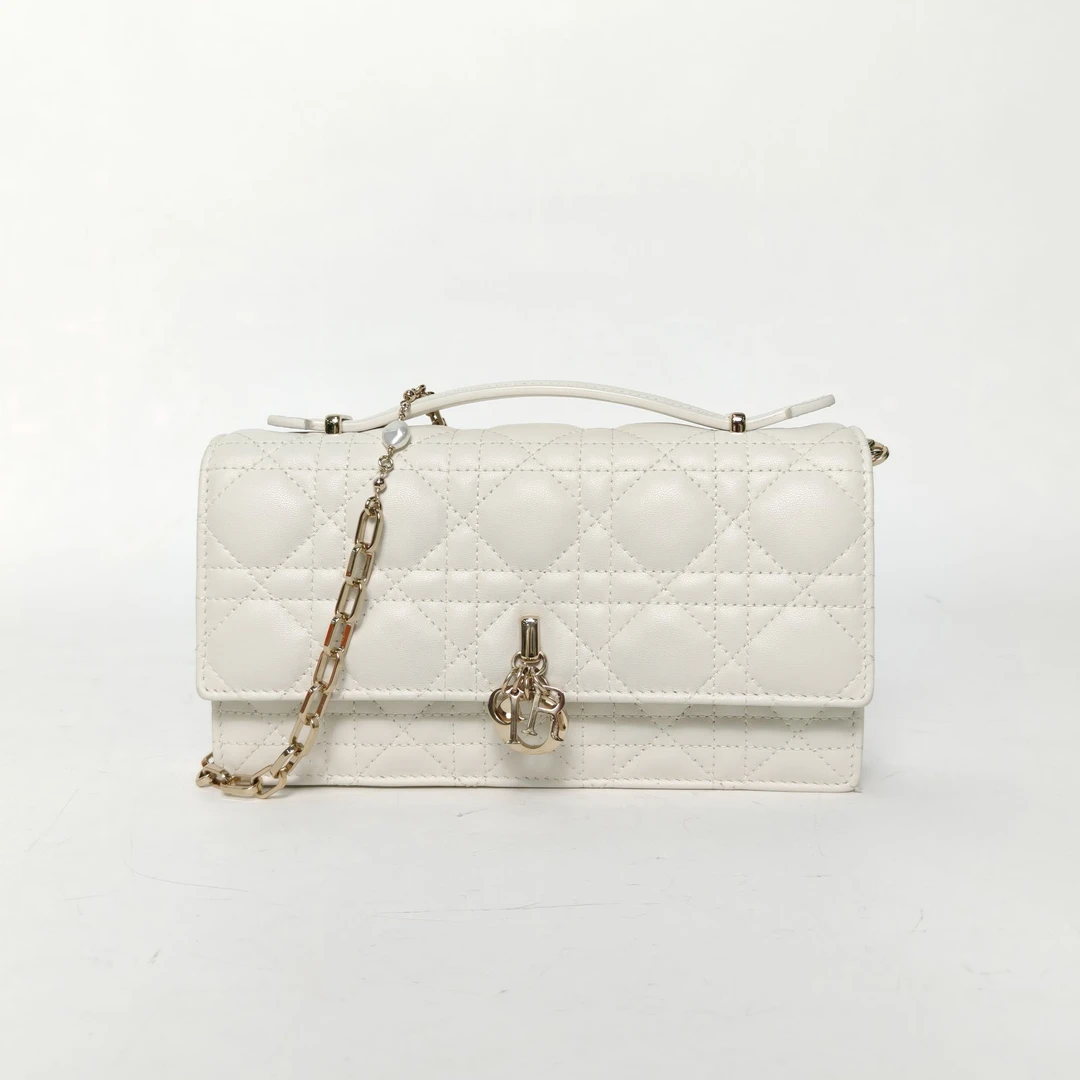 99新 DIOR/迪奥 【念念】My Dior 珍珠链条包 迷你 21 白色 浅金扣