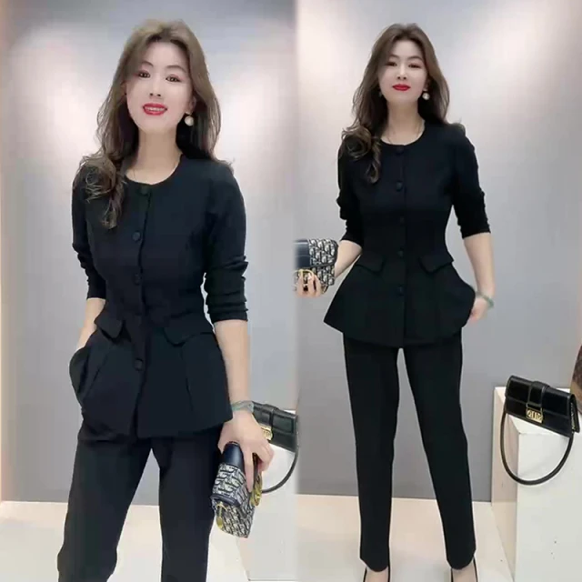 气质高街时尚两件套女春季夏季收腰显瘦上衣百搭休闲裤黑色套装潮