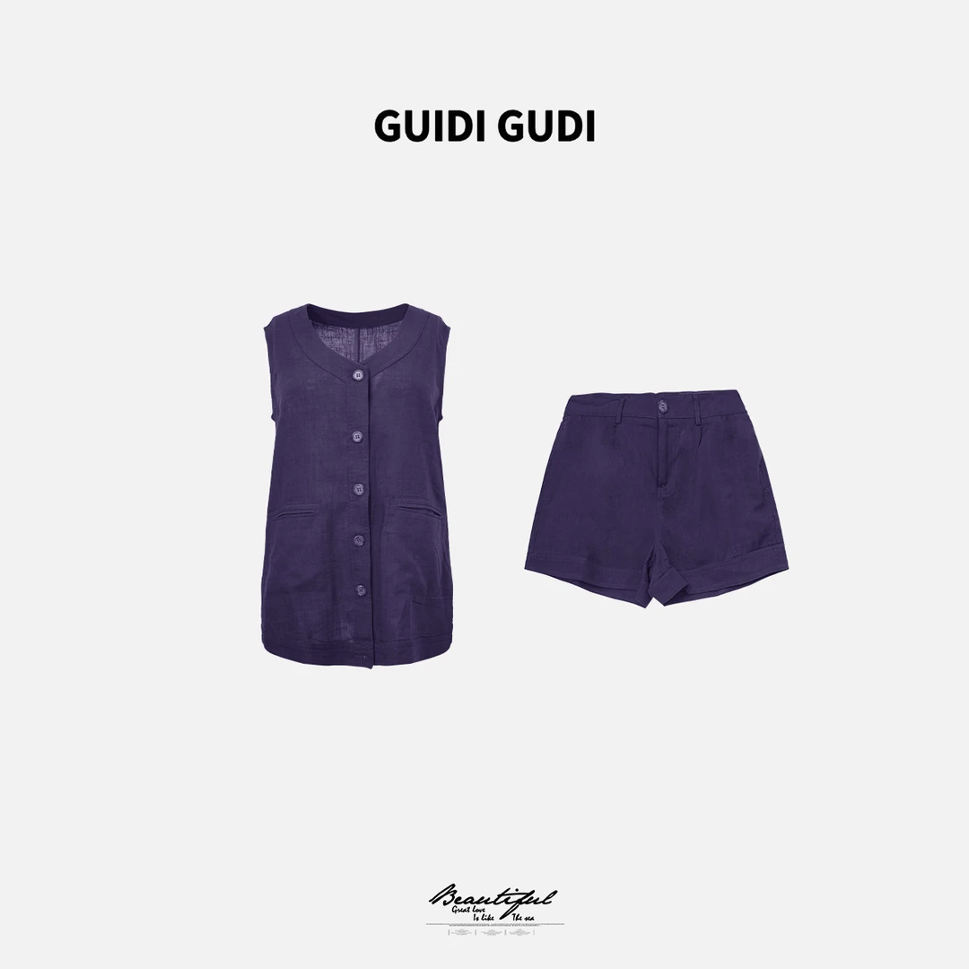 GUIDI GUDI【夜潮暗涌】重工马甲短裤套装/黄加蓝 D9521501H
