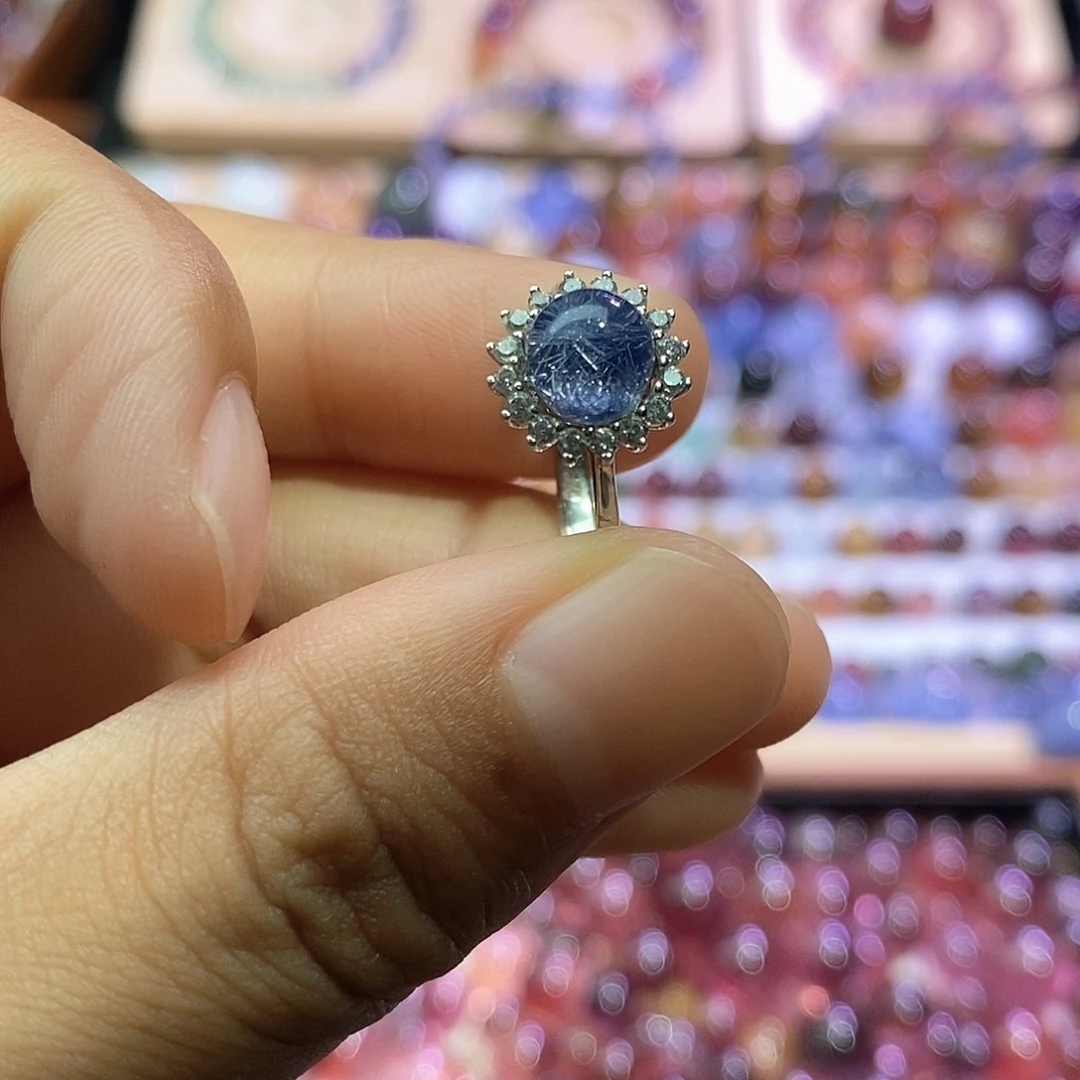 水晶珠宝半成品银S925镶嵌蓝发晶戒指