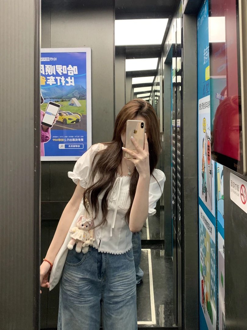 法式设计感系带白色短袖t恤女夏季新款超好看独特漂亮泡泡袖小衫