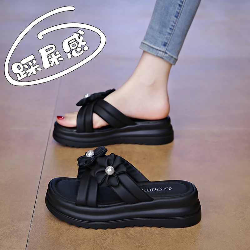 拖鞋女外穿2025夏季新款厚底百搭不累脚潮流软底休闲时尚黑色沙滩