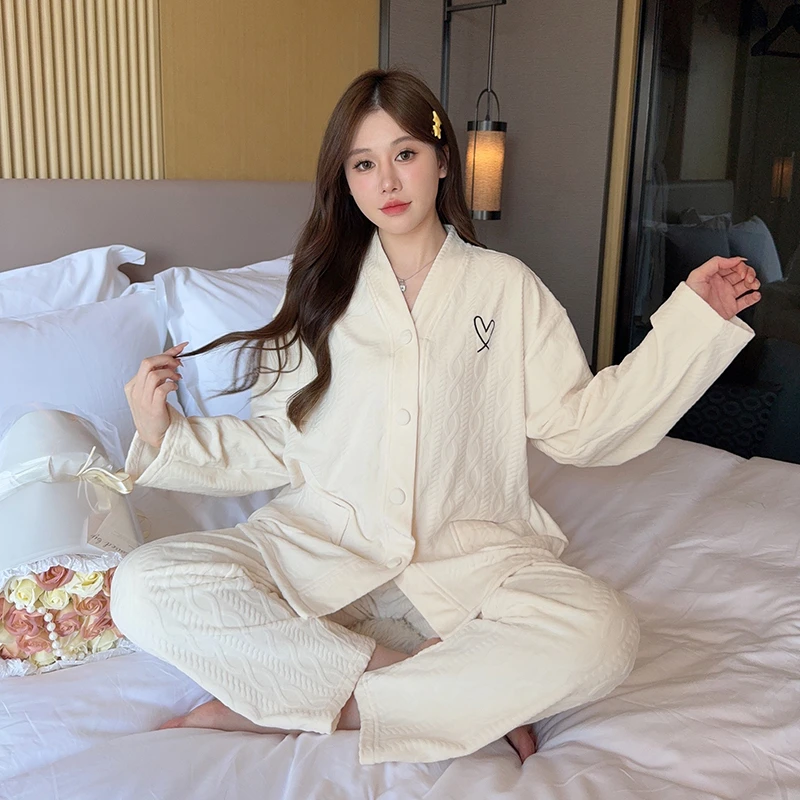 【和服领小心意】秋冬海岛绒睡衣优雅保暖加厚柔软舒适长袖套装1603