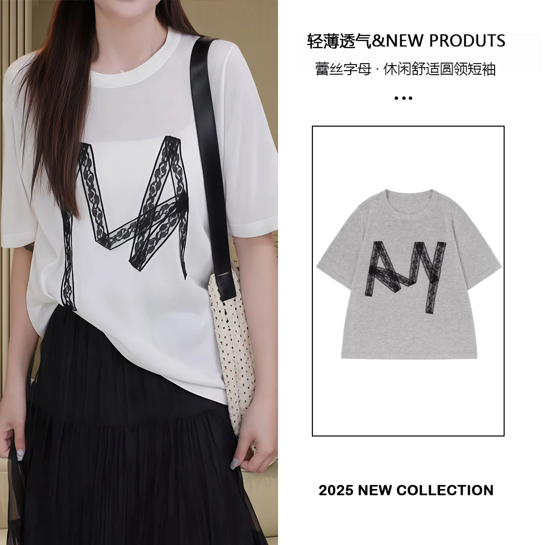 字母短袖T恤女爆款2025夏季新款设计感圆领蕾丝休闲宽松显瘦上衣