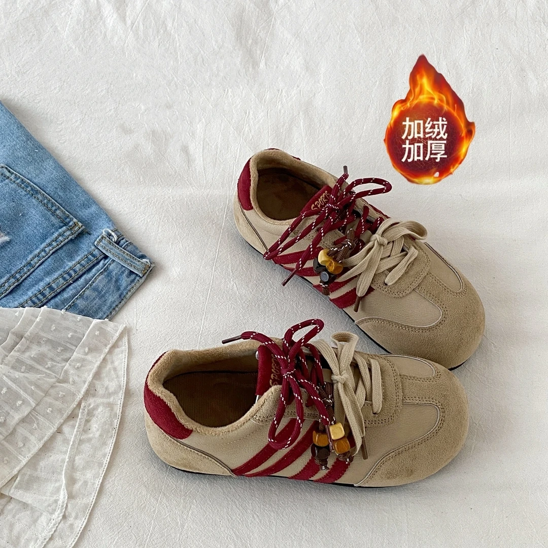 三福新款复古加绒德训鞋女款2025秋冬季经典休闲板鞋百搭阿甘鞋子