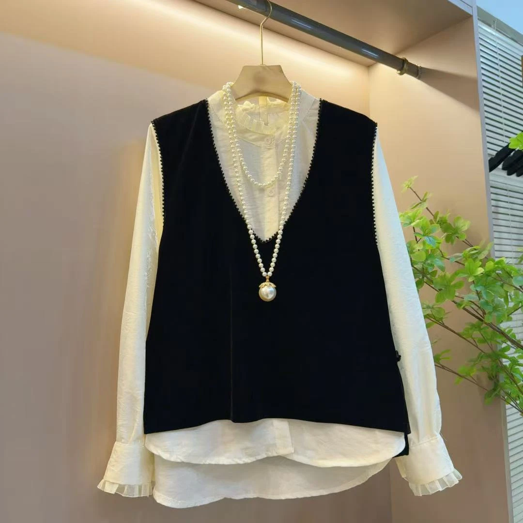 洋气新款时尚拼接花边显瘦上衣丝绒百搭马甲两件套（长62左右）