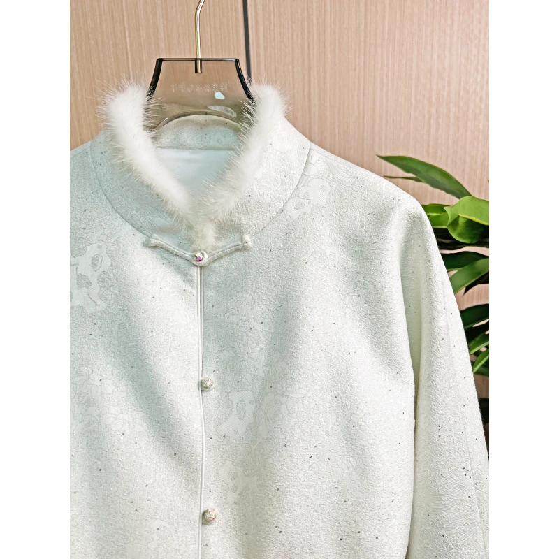 QIAN【上久楷·山石牡丹·皓月】桑蚕丝+羊毛+水貂毛+3M棉衣长外套