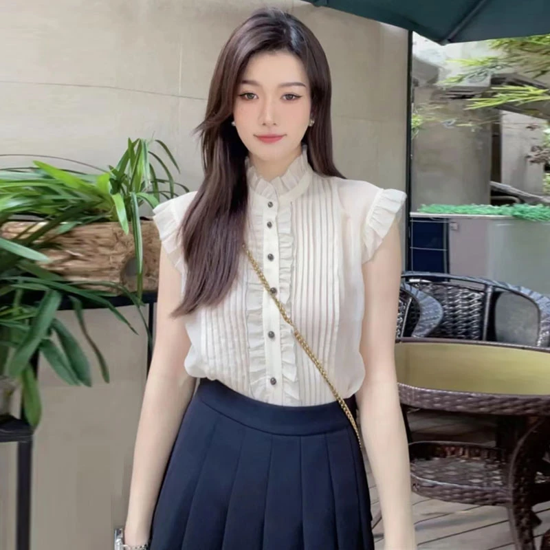 商场同款2025夏新款百搭显瘦木耳边立领透视压褶无袖衬衫1300760