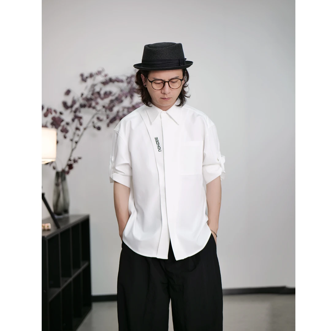 夏季白色时尚拼接设计字母短袖衬衫男女潮流百搭短袖上衣CY254-3