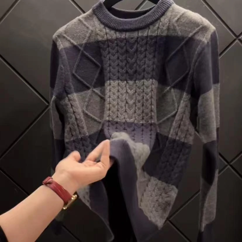 欧洲站2025时尚毛衣男秋冬长袖冬季保暖针织衫撞色圆领拼色线衣