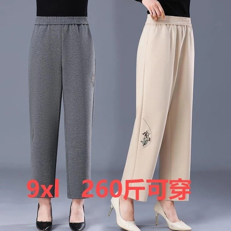 秋冬新款中老年胖妈妈外穿宽松刺绣直筒长裤松紧腰休闲裤裤子大码