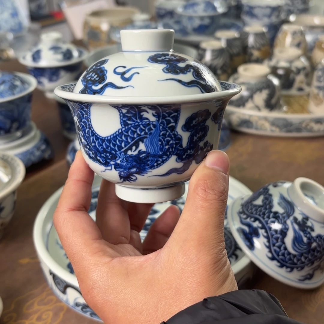 陶瓷摆件景德镇手绘茶器福利款双龙盖碗