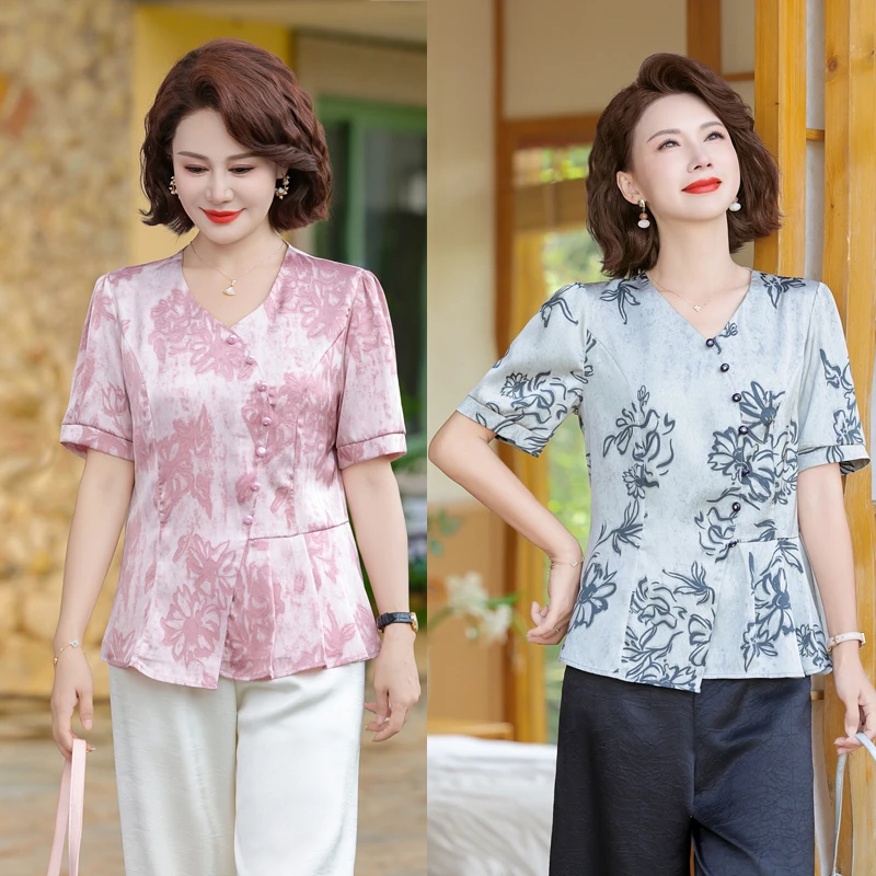 母亲节礼物夏季新款妈妈装短袖T恤中老年女装夏季小衫时尚套装