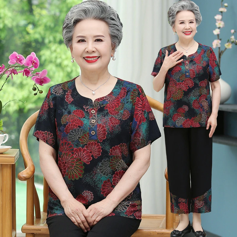 皮尔卡丹中老年人夏装女奶奶装短袖棉绸套装太太衣服60岁-70岁妈